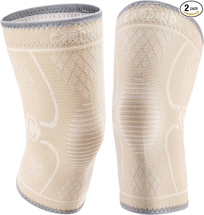 CAMBIVO 2 Pack Knee Brace, Knee Compression Sleeve for Men and Women, Knee Support for Running, Workout, Gym, Hiking, Sports (Beige,Large)