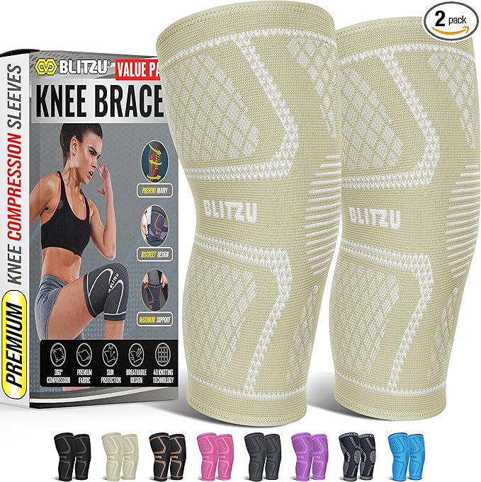 Knee Brace for Meniscus Tear 2 Pack, Knee Compression Sleeve for Men and Women, Knee Support for Arthritis, Swelling, Inflammation, ACL, Pain Relief, Running, Workout, Sports and Recovery Beige S
