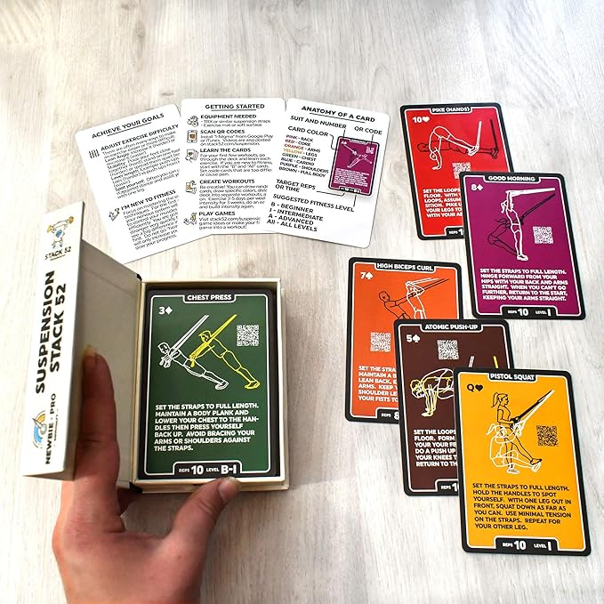 Stack 52 Suspension Exercise Cards. Compatible with All Suspension Trainers. Suspended Bodyweight Resistance Workout Game. Video Instructions Included. Fun Home Fitness Program. (New Deck)