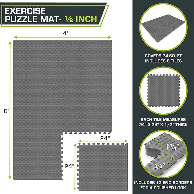 ProsourceFit Exercise Puzzle Mat ½-inch, Checkered EVA Foam Floor Tiles w/Non-Slip Texture, Interlocking Design for Adjustable Gym Surfaces, Shock Absorbing, Grey, 24 Sq Ft - 6 Tiles