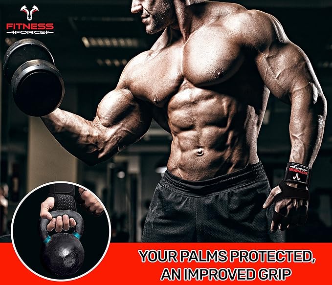 FITNESS FORCE Ventilated Weightlifting Gloves Workout Gloves for Men & Women with Built-in Wrist Wraps Fingerless Gym Gloves for Men Perfect for Exercise Fitness, Weight Lifting, Cross Training