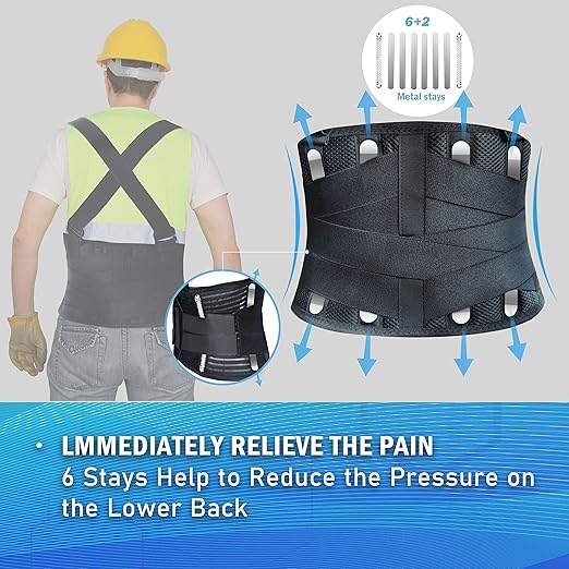 DARLIS Plus Size 5XL/6XL Work Back Brace with Removable Suspender Straps, Posture Corrector Protector for Heavy Lifting Safety, Back Support Belt for Men Women in Construction, Warehouse Job, Moving