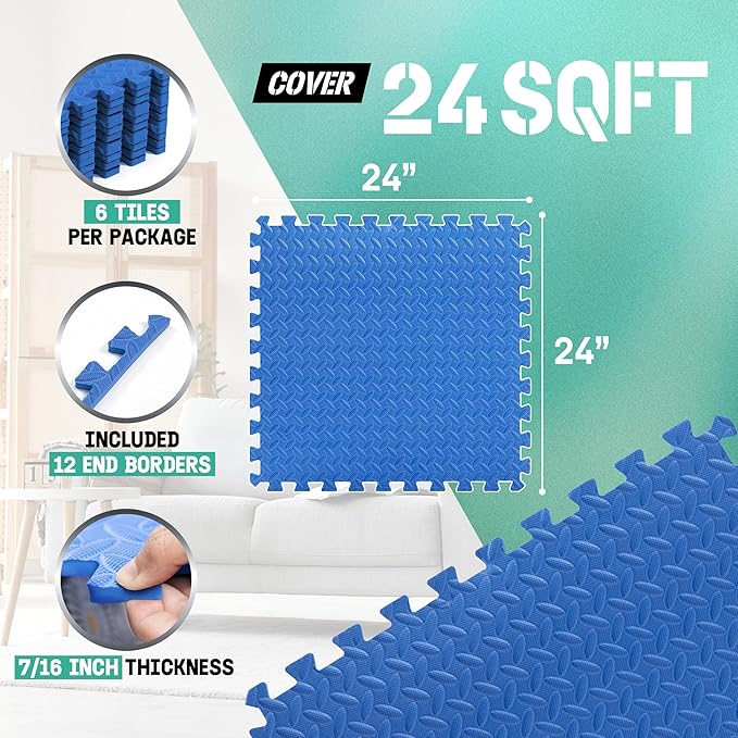 Yes4All 24SQFT-120SQFT Puzzle Exercise Mat for Home Gym, EVA Interlocking Foam Floor Tiles with Border for Workout Equipment