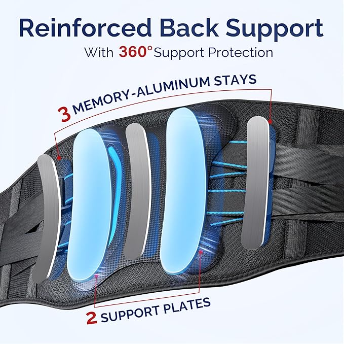 FEATOL Lower Back Brace with 5 Reinforced Stays for Women and Men, Adjustable Snug-Fit Lumbar Support Belt for Work, Size XL, Waist 38"-44.1"