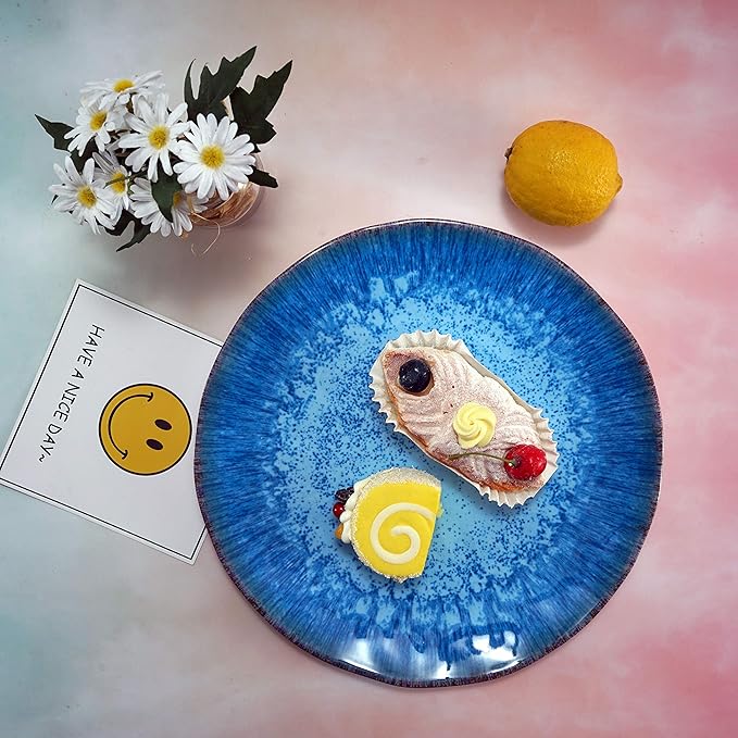 Melamine Salad Plate Plastic Dinner Plastic Plate Set of 6 Pcs 9 inch Round Lightweight Plates Shatter Proof Chip Resistant Dishwasher Safe Not Microware Not Oven(Deep Blue)