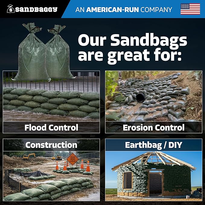 Sandbaggy - Heavy Duty Empty Sandbags For Flooding (14" X 26") - Poly Sand Bags - Flood Barrier, Weight, Construction, Earth Bag Homes - Reusable, UV Resistant - Tie Strings Attached (50 Bags)