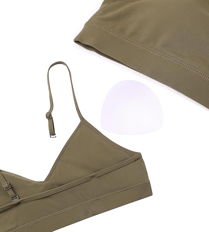 Oalka V Neck Sports Bra for Women Adjustable Padded Thin Straps Wireless Yoga Bras