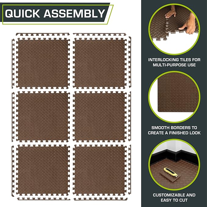 ProsourceFit Exercise Puzzle Mat ½-inch, EVA Interlocking Foam Floor Tiles for Home Gym, Workout Equipment, Kids Play Areas, Brown, 24 Sq Ft - 6 Tiles