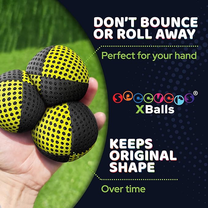 speevers Juggling Balls for Beginners and Professionals Set of 3, 14 Colors Available, 2 Layers of Net and Carry Case, Xballs Juggling Balls (Black - Yellow, 4.2 oz)
