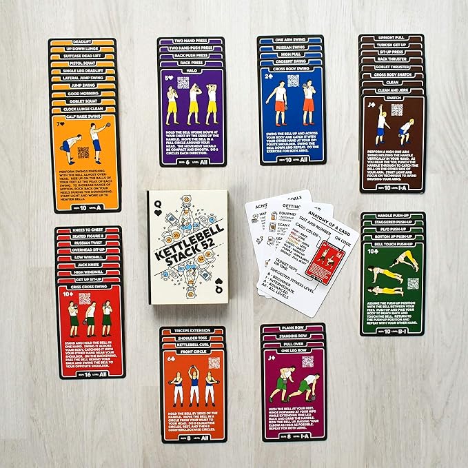 Stack 52 Kettlebell Exercise Cards. Workout Playing Card Game. Video Instructions Included. Learn Kettle Bell Moves and Conditioning Drills. Home Fitness Training Program. (2019 Updated Deck)