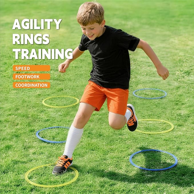 Hopscotch Rings, 1-Set – 10 Round Hoops (11-inch) + 15 Connectors, Agility Rings for Kids, Builds Gross Motor Skills, Preschool & Kindergarten PE, Indoor/Outdoor Playground Obstacle Course