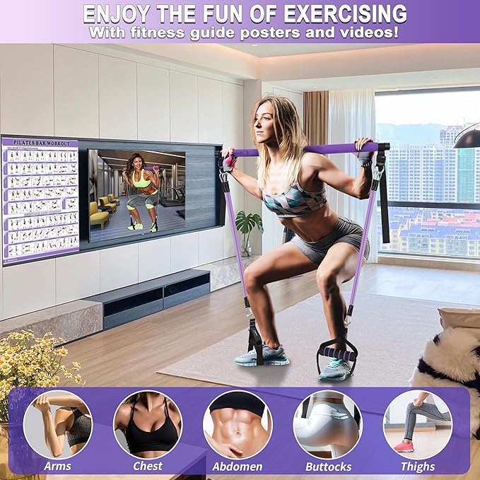 Goocrun Portable Pilates Bar Kit with Resistance Bands for Men and Women - 3 Set Exercise Resistance Bands - Multifunctional Home Gym - Supports Full-Body Workouts – with Fitness Poster and Video