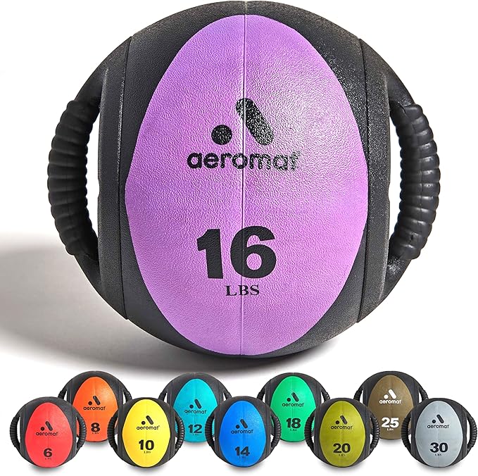AEROMAT Dual Grip Power Medicine Balls for Abdominal Training and Rotational Movements - 9" Diameter - Weights Color-Coded