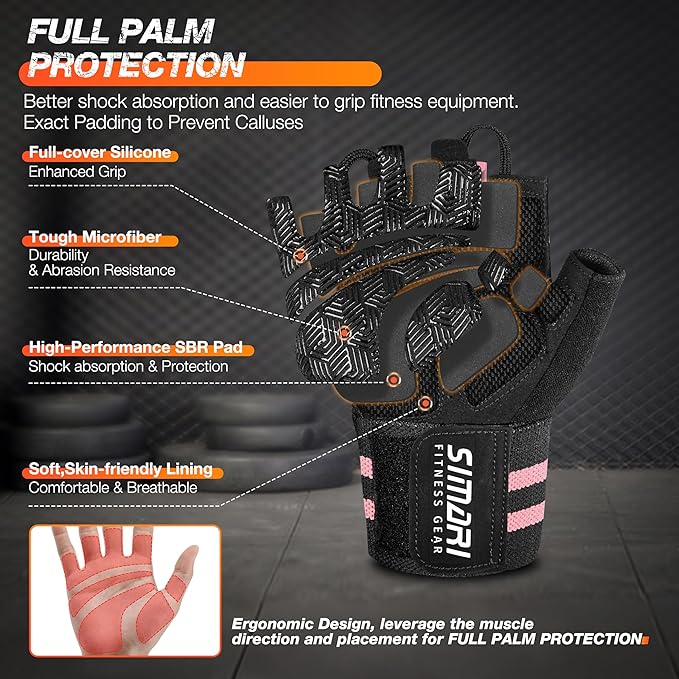 SIMARI Workout Gym Gloves for Men Women, Weight Lifting Gloves with Wrist Wrap Support, SBR Pad Grip for Full Palm Protection, for Exercise, Fitness, Dumbbells, Barbell, Climbing, Fingerless
