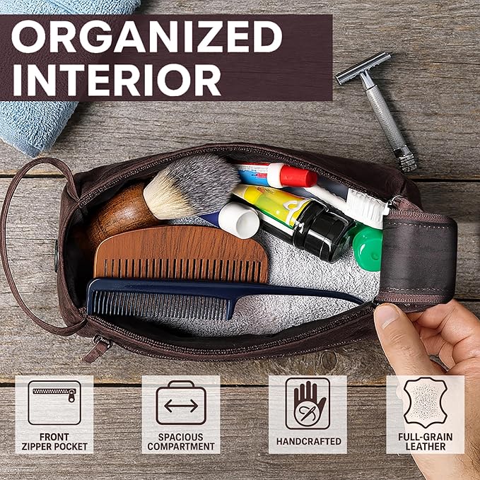 Leather Wash Bag for Men - Travel Toiletry Bag - Shaving Dopp Kit Toiletries Organizer - Leather Makeup Bag for Women