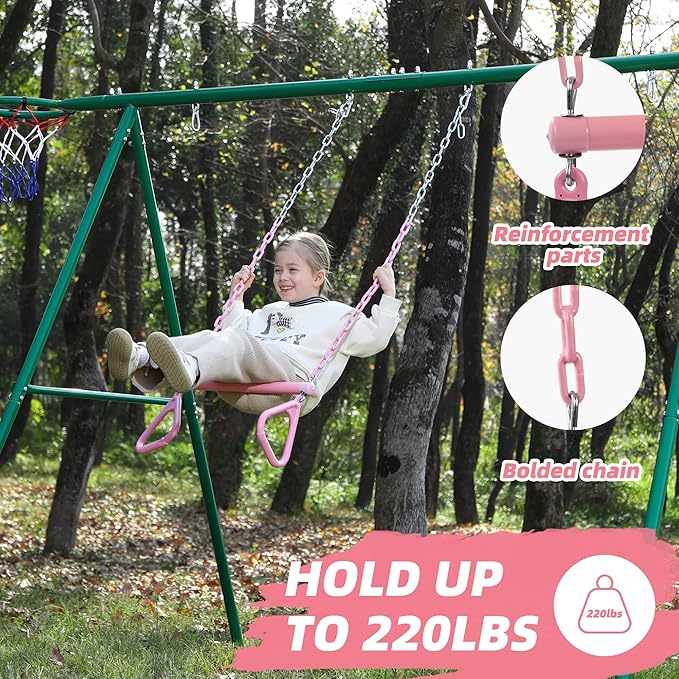 18" Pink Trapeze Swing Bar Rings 48" Heavy Duty Plastic Coated Chains Swing Set Accessories