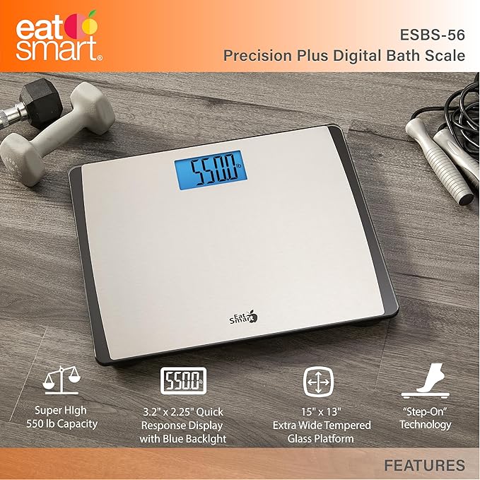 Eat Smart Precision 550 Pound Extra-High Capacity Digital Bathroom Scale, Extra-Wide Platform, Stainless Steel Body Weight Scale with Step-On Tech, Silver