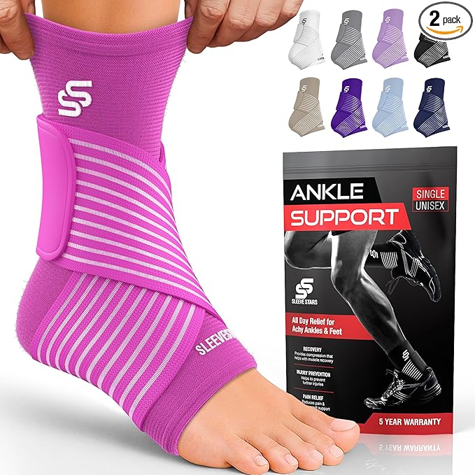 Sleeve Stars Ankle Brace for Women & Men, Ankle Wrap for Sprained Ankle, Compression Sleeve for Plantar Fasciitis Relief, Easy Customizable Support: w/Removable Strap (Pair/M:10"-12"/Hot Pink)