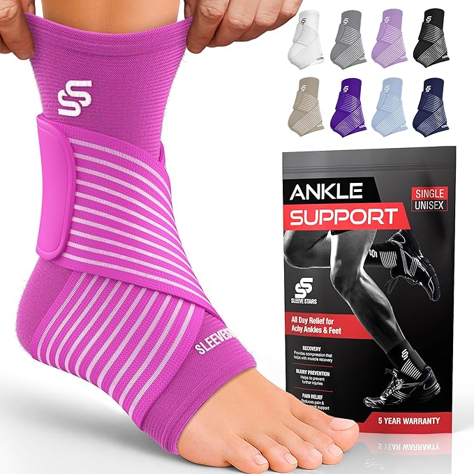 Sleeve Stars Ankle Brace for Women & Men, Ankle Wrap for Sprained Ankle, Compression Sleeve for Plantar Fasciitis Relief, Easy Customizable Support: w/Removable Strap (Single/L:12"-13"/Hot Pink)