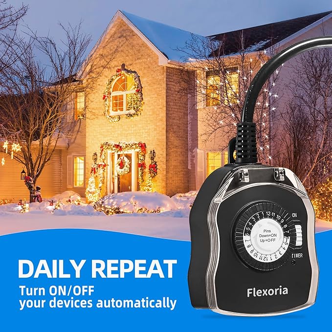 Outdoor Timer Outlet Waterproof, 24 Hour Mechanical Plug in Light Timer, 2 Grounded Outlets for Outdoor Lights, 15A 1/2 HP, ETL Listed (2 Packs)