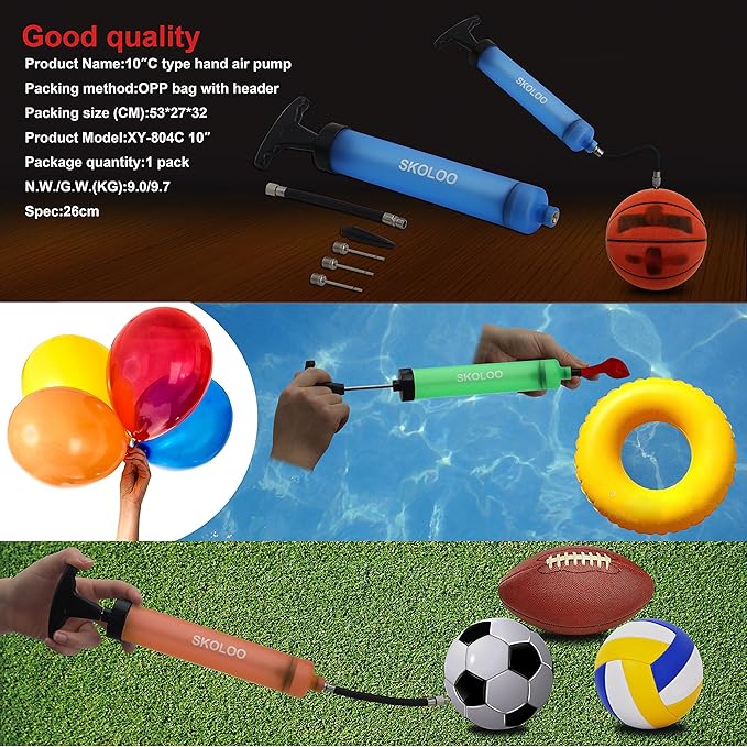 SKOLOO 10" Portable Hand Air Ball Pump Inflator Kit with Needle, Nozzle, Extension Hose for Soccer Basketball Football Volleyball Water Polo Rugby Exercise Sports Ball Balloon Swim Inflatables