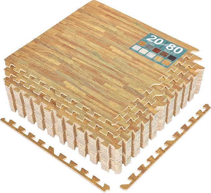 Sorbus 80 Sq. Ft. Wood Grain Floor Tiles Foam Mat EVA Interlocking Mats Tile 3/8-Inch Thick Flooring Wood Puzzle Exercise Mats w/Borders - Home Playroom Basement, Apartment, Trade Show, Baby, Dance