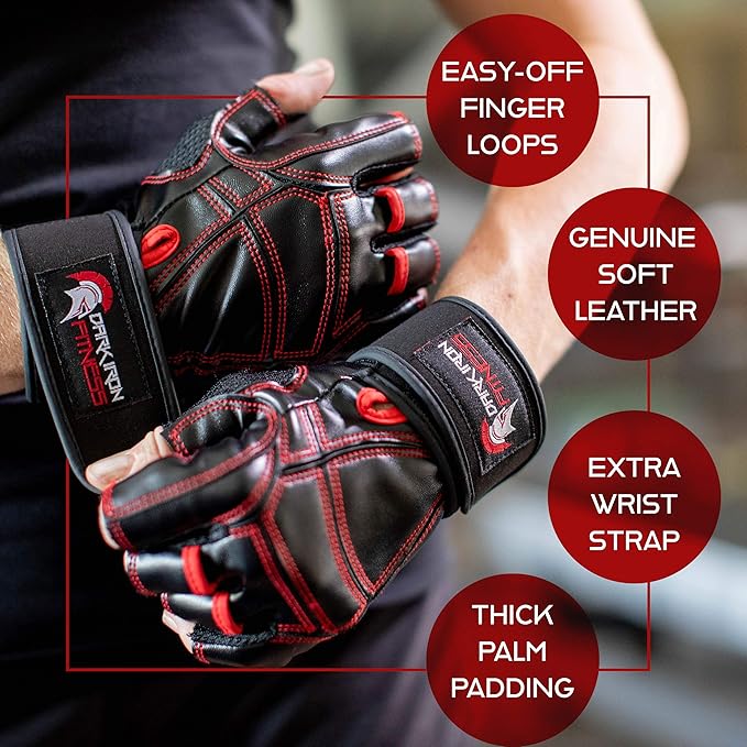 Dark Iron Fitness Genuine Leather Gym Gloves for Men Women, Wrist Wrap Support Workout Gloves for Weight Lifting Crossfit Deadlift Barbell Exercise Palm Padding Callus Protection Grips