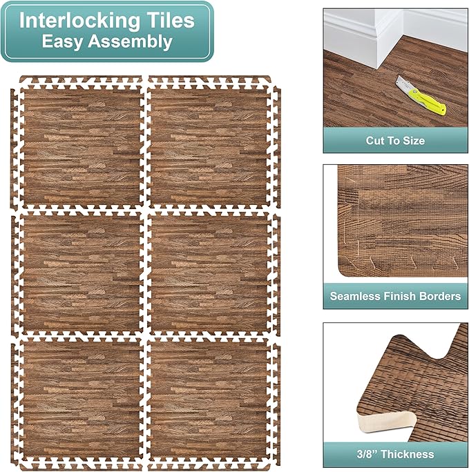Sorbus 80 Sq. Ft. Wood Grain Floor Tiles Foam Mat EVA Interlocking Mats Tile 3/8-Inch Thick Flooring Wood Puzzle Exercise Mats w/Borders - Home Playroom Basement, Apartment, Trade Show, Baby, Dance