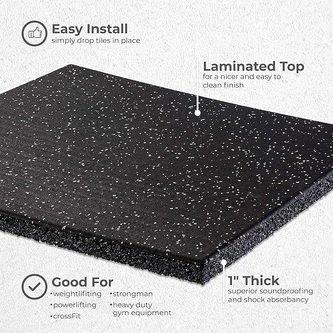 Genaflex Pro Heavy Duty Thick Rubber Gym Floor Tiles High Density Shock Absorbent Laminated Deadlift Mats - 1" Thick X 20" W X 20" L - 2.7 Sq. Ft. (Black, 180 Tiles - 486 Sq. Ft.)