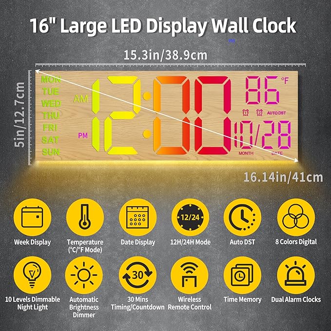HAITANG 16.2" Large Digital Clock， 8 Colors Decorative Wood Wall Clock with Temperature, Date, Auto DST, Night Light, Auto Brightness Dimmer, 24/12-hour Wall Clock for Living Room Classroom Gym