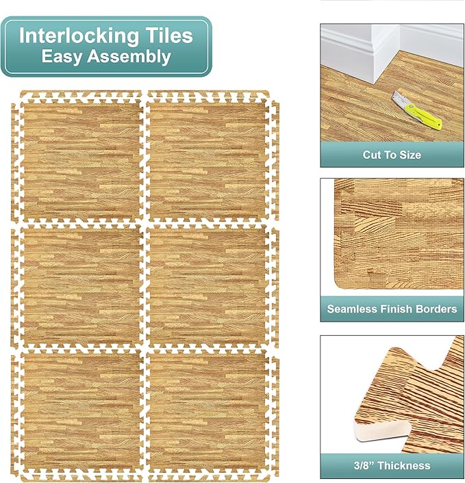 Sorbus 80 Sq. Ft. Wood Grain Floor Tiles Foam Mat EVA Interlocking Mats Tile 3/8-Inch Thick Flooring Wood Puzzle Exercise Mats w/Borders - Home Playroom Basement, Apartment, Trade Show, Baby, Dance